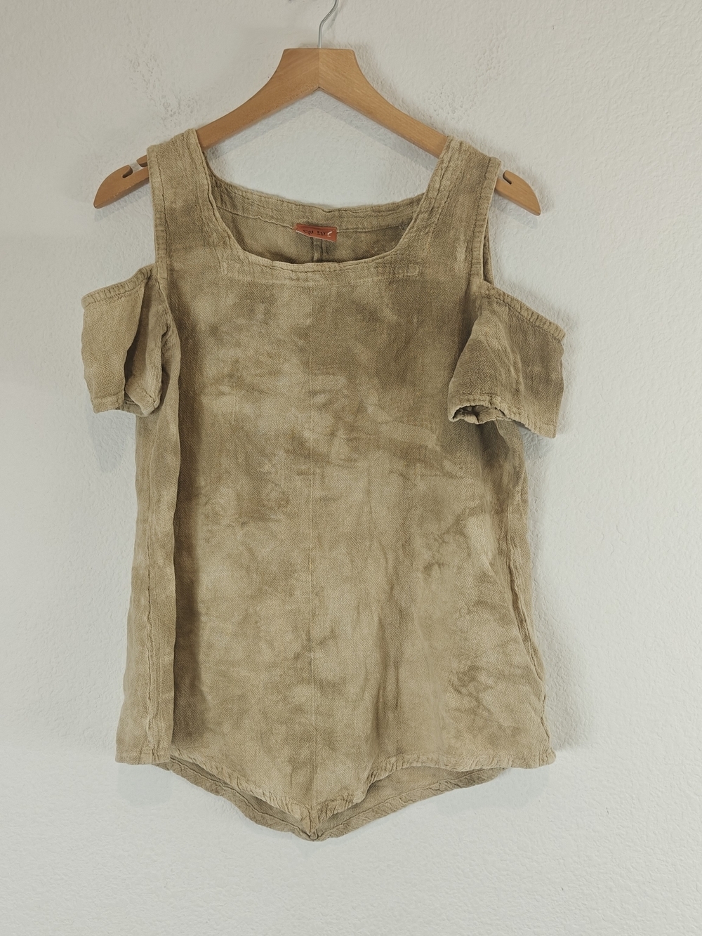 Oh My Gauze Washed Sand Crinkle Cotton Cold Shoulder Lagenlook Top Size 1 S/M
